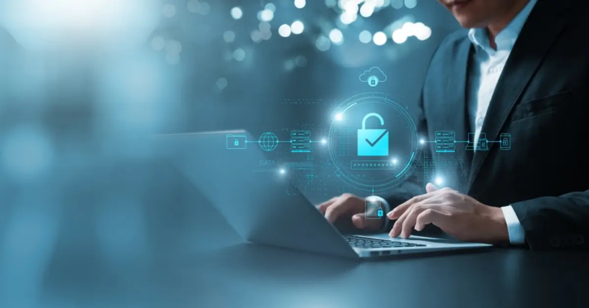 Businessman secures data with encryption and network security, protecting transactions.